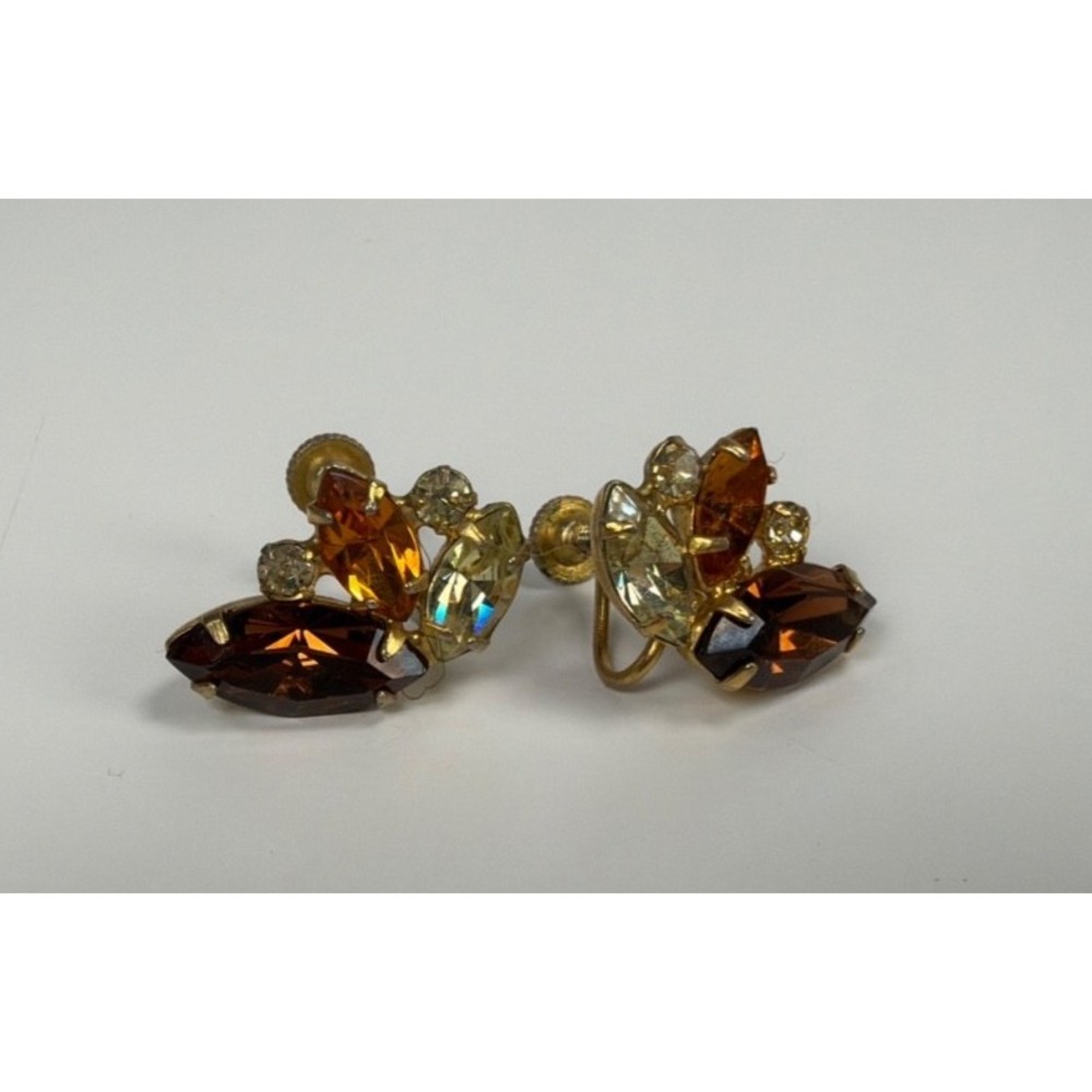 Dainty VTG B DAVID Signed Amber Rhinestone Gold Tone Prong Set Clip on Earrings